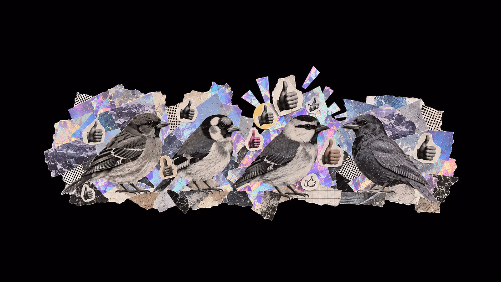 Four songbirds on a torn holographic collage, surrounded by cut-out thumbs-up hands