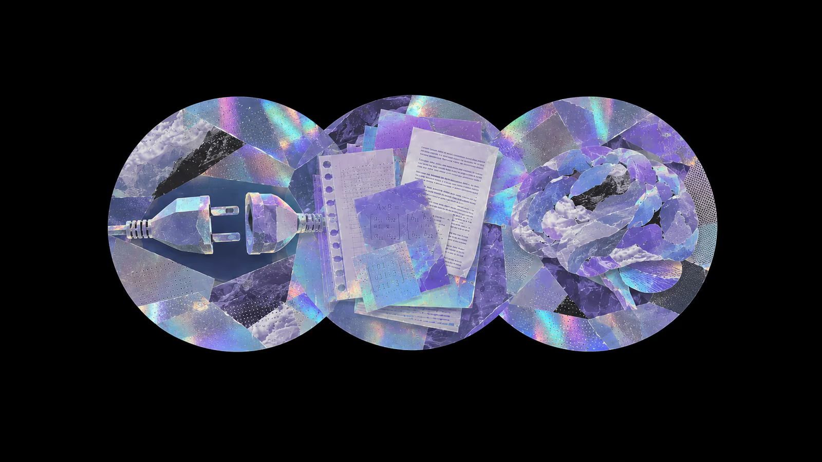 Three iridescent circular collages on black — a power plug, a stack of notes, and a tangled knot — one for each wave