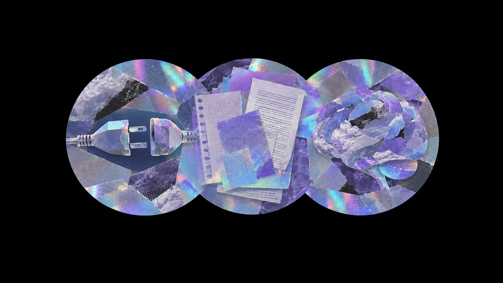 Three iridescent circular collages on black — a power plug, a stack of notes, and a tangled knot — one for each wave