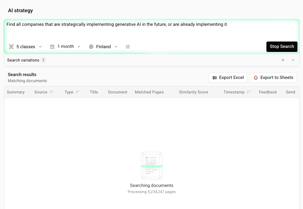 Vainu's Discovery Agent running a one-sentence natural-language prompt across 5.2 million pages of public business documents