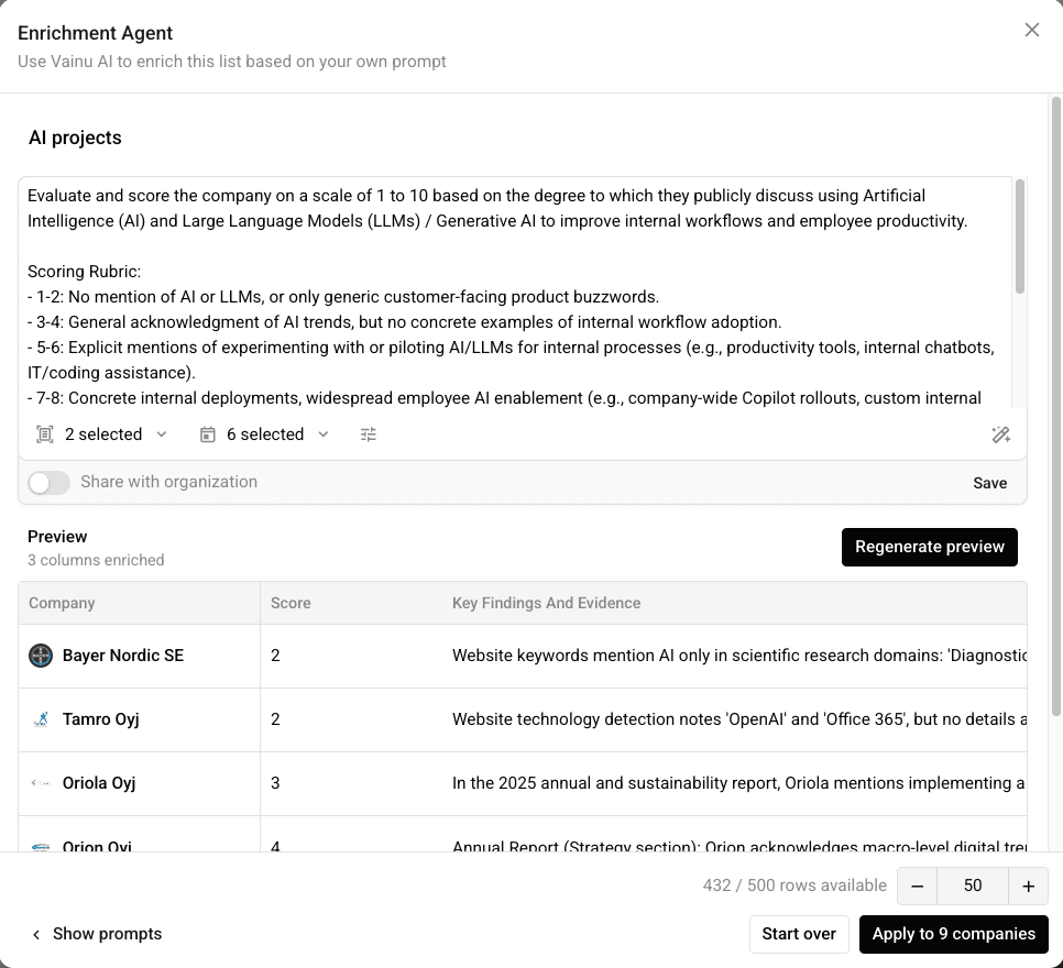 Vainu's Enrichment Agent: a plain-language prompt, the columns it generated, and a preview of the filled results across a list of companies